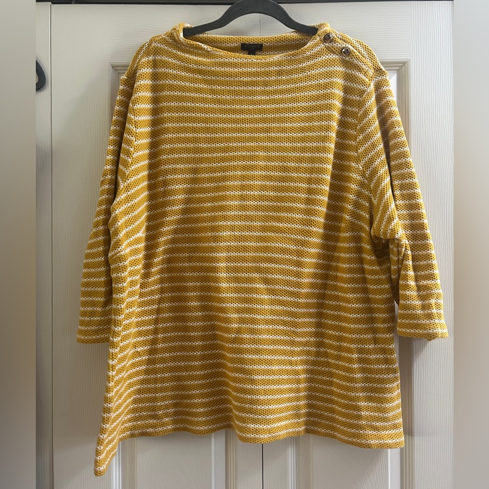 Talbots Sweater Womens Size 3X Yellow White Stripe 3/4 Sleeve Textured Fall